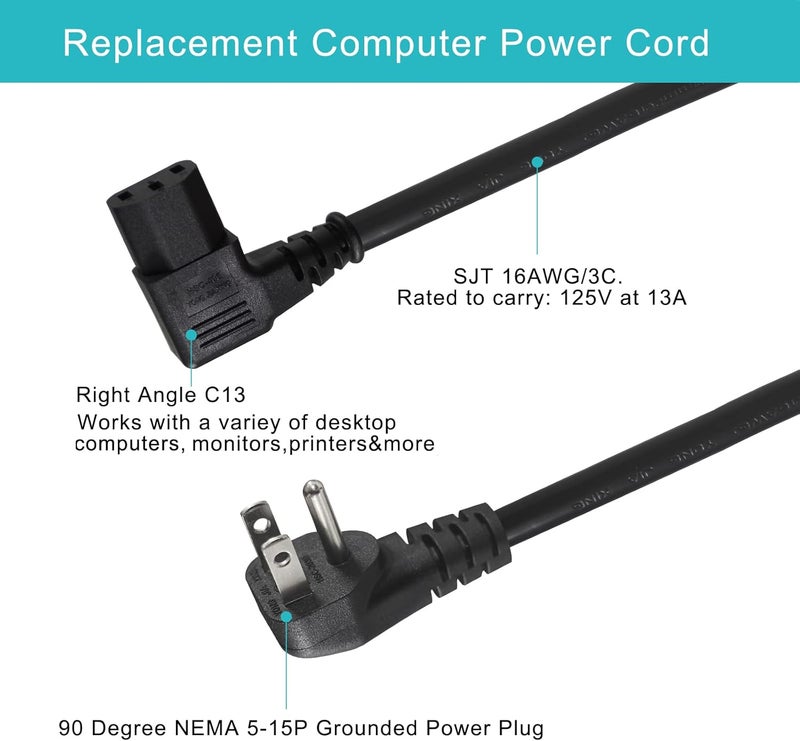 SPARKING 90 Degree Computer Power Cord - 3FT Flat Low Profile Angled NEMA 5-15 Plug to IEC C13 Power Cord,Universal PC Power Supply Cord, 16AWG, Black C13 3 Prong Angled AC Power Cord for PC Monitor/TV (3FT) - Image 4
